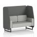 The photograph captures a sleek and modern Dynamic Booths 2 seater open booth, customized with sumi fabric and black legs. The kobe panels and Tokyo sofa add a touch of elegance to this bespoke piece.