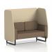 This photograph shows a sleek and modern Dynamic Booth, featuring a Brixworth 2 Seater Open design with bold black legs and Sumi Fabric upholstery. The Zen Panels and Osaka Sofa add a touch of sophistication to this fully customizable piece. A perfect addition to any space.