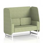 The picture showcases a sleek and modern open booth with white legs. The fabric is a stylish rivet, accented with burnish panels. This 2-seater sofa exudes a dynamic and customizable vibe, perfect for any space.