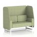 The picture showcases a sleek and modern open booth with white legs. The fabric is a stylish rivet, accented with burnish panels. This 2-seater sofa exudes a dynamic and customizable vibe, perfect for any space.