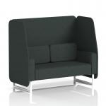 This image showcases a sleek and modern dynamic booth, expertly crafted to order with white legs and charcoal panels. The 2 seater sofa, upholstered in rivet fabric, adds a stylish touch to any space. The open design creates a welcoming and adaptable atmosphere.