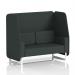 This image showcases a sleek and modern dynamic booth, expertly crafted to order with white legs and charcoal panels. The 2 seater sofa, upholstered in rivet fabric, adds a stylish touch to any space. The open design creates a welcoming and adaptable atmosphere.