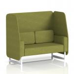 This photograph captures the sleek, modern design of Dynamic Booths Brixworth 2 Seater Open Booth. Its white legs add a touch of sophistication, while the olive panels and rivet fabric give it a contemporary feel. The open layout creates a welcoming and versatile seating option.