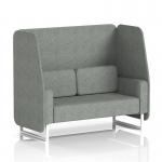 In the image, there is a modern and stylish booth with a 2-seater open design. The white legs contrast beautifully against the rivet fabric and prime panels, creating a chic and dynamic look. This custom-made piece from Brixworth is perfect for any space in need of a functional yet eye-catching seating area.
