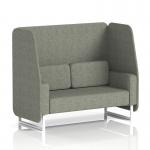 The image shows a sleek and modern open booth with white legs, featuring vitreous panels and a comfortable 2-seater sofa in rivet fabric. This dynamic booth is customizable and made to order, perfect for any modern office or event space.