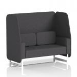 In the photo, we see the sleek and modern design of our Dynamic Booths 2-seater open booth with white metal legs. The booth is upholstered in a beautiful X2 fabric with arithmetic patterned panels and a matching sofa at its side. It exudes sophistication and style, perfect for any office or public space.