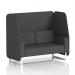 In the photo, we see the sleek and modern design of our Dynamic Booths 2-seater open booth with white metal legs. The booth is upholstered in a beautiful X2 fabric with arithmetic patterned panels and a matching sofa at its side. It exudes sophistication and style, perfect for any office or public space.