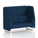 This photograph shows a sleek and customizable Dynamic Booths made-to-order Brixworth 2 seater open booth with white legs. It features stunning Calculus panels and a comfortable sofa in X2 fabric. The clean lines and modern design make it a versatile addition to any space.