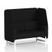 The picture shows a dynamic booth with a 2 seater open design, made to order with white legs. The booth boasts circular fabric panels in two different colors, creating an inviting and modern atmosphere. The accompanying sofa adds extra comfort and style.