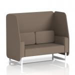 In the photo, you can see a customizable 2-seater open booth with white legs and Theory panels. The fabric used is X2, creating a sleek and modern look. This dynamic booth by Brixworth exudes style and functionality.