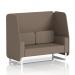 In the photo, you can see a customizable 2-seater open booth with white legs and Theory panels. The fabric used is X2, creating a sleek and modern look. This dynamic booth by Brixworth exudes style and functionality.