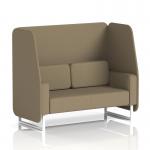 In the image, you can see a sleek and modern 2-seater open booth with white legs. The booth features a beautiful Main Line Flax fabric and Bank panels, creating a dynamic and inviting aesthetic. The complementary sofa adds a cozy touch to the space.