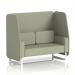 The photo shows a sleek and modern 2-seater open booth with white legs. The seat and back panels are made of a stylish flax fabric, with a touch of geometric design on the Newbury panels. This dynamic booth offers a comfortable and contemporary seating option.