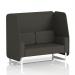 The photograph shows a stylish and modern Dynamic Booths 2 seater open booth with white legs, upholstered in Main Line Flax fabric. The booth features temple panels and a sofa, creating a sleek and chic look.