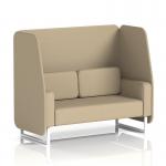 The picture showcases a modern 2-seater open booth with white legs, upholstered in a stylish flax fabric. The booth features unique Upminster panels and a comfortable sofa, creating a dynamic and inviting space for any setting. Custom-made to order.
