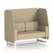 The picture showcases a modern 2-seater open booth with white legs, upholstered in a stylish flax fabric. The booth features unique Upminster panels and a comfortable sofa, creating a dynamic and inviting space for any setting. Custom-made to order.