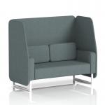 The image shows a sleek and modern two seater open booth with white legs and Westminster panels. The main line flax fabric adds a touch of sophistication to the dynamic design. Perfect for any contemporary space, this booth is made to order and customizable to fit your unique style.