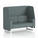 The image shows a sleek and modern two seater open booth with white legs and Westminster panels. The main line flax fabric adds a touch of sophistication to the dynamic design. Perfect for any contemporary space, this booth is made to order and customizable to fit your unique style.