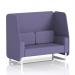 The image shows two white-legged open booths in Brixworth design. The synergy fabric gives a dynamic look and the option to order panels and a sofa adds versatility.