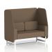 This photo features a sleek and modern open booth with white legs, boasting vibrant Sumi fabric and unique Osaka panels. The 2-seater sofa creates a dynamic and trendy atmosphere, perfect for any space.