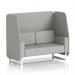 The photograph showcases a modern and customizable two-seater open booth with white legs and sumi fabric. The booth is adorned with stylish Tokyo panels and a sleek sofa, creating a dynamic and versatile seating option.