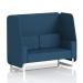 The picture shows a dynamic booth, made to order and crafted with white legs in a Sumi fabric. The 2-seater open booth is designed with Uto panels and a sofa, creating a modern and stylish seating option.