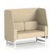This image shows a sleek and modern 2-seater open booth. The white legs provide a clean contrast to the sumi fabric, while the zen panels add a touch of sophistication. This dynamic booth is customizable and perfect for any space.