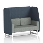 This image shows a sleek and modern Dynamic Booths 2-seater open booth with white legs, crafted in Brixworth and upholstered in unique Rivet fabric. The booth features striking Crucible panels and is complemented by a stylish Prime Sofa.