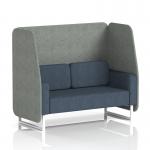This photo showcases the contemporary design of Dynamic Booths Brixworth 2 Seater Open Booth. The white legs and Rivet fabric add a stylish touch, while the Prime Panels and Crucible Sofa add comfort and functionality. Perfect for any modern space.