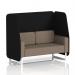 The photo features a stylish Dynamic Booths 2-seater open booth with sleek white legs. The booth is made to order with two fabric panels in a circular design. In the background, a Theory Sofa SF002170 adds to the modern aesthetic.