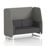 The photograph features a 2-seater open booth with white legs, designed and made to order in Brixworth. The booth has white number panels and a sleek, modern design with a dynamic feel. The fabric, X2, adds texture and interest to the overall look of the booth. Perfect for any space seeking a touch of sophistication and versatility.