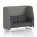 The photograph features a 2-seater open booth with white legs, designed and made to order in Brixworth. The booth has white number panels and a sleek, modern design with a dynamic feel. The fabric, X2, adds texture and interest to the overall look of the booth. Perfect for any space seeking a touch of sophistication and versatility.