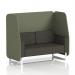 This photograph features a sleek and modern Dynamic Booths 2 seater open booth with white legs. The main line flax fabric adds texture, while the monument panels and temple sofa create a chic contrast. Perfect for any contemporary space.