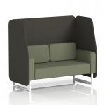This image showcases a stylish Dynamic Booths - Made To Order Brixworth 2 Seater Open Booth with white legs, in a modern Main Line Flax fabric. The elegant Temple panels and Monument Sofa add a touch of sophistication to this versatile piece.