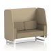 A photo of the Dynamic Booths 2 seater open booth with white legs and a Main Line Flax fabric reveals a modern and customizable design. The Upminster panels and Bank Sofa add stylish accents to this high-quality, made-to-order piece. Sleek and functional for any space.
