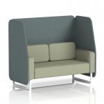 This photograph features a stunning handmade 2 seater open booth with white legs, upholstered in stylish Main Line Flax fabric. The booth is unique with its Westminster panels and complemented by a Newbury Sofa for added comfort. The overall look is modern and elegant.