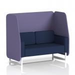 The photograph captures a stunning open booth with white legs, custom-made in Brixworth, featuring synergy fabric. The dynamic design and order panels add a modern touch, while the alike sofa completes the cozy look. A perfect addition to any space.