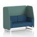 This photo shows a modern and versatile open booth with white legs and Sumi fabric. The unique design includes Handa panels and a Uto sofa, creating a dynamic seating option for any space.