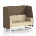 In this picture, we see a stylish custom-made Brixworth 2 seater open booth with elegant white legs, wrapped in Sumi fabric. The booth features sleek, modern Osaka panels and a Zen sofa, creating a dynamic and inviting seating arrangement.