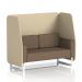This photo captures a stylish and versatile seating option - a dynamic booth with white legs, sumi fabric, zen panels, and an Osaka sofa. Perfect for any modern space.