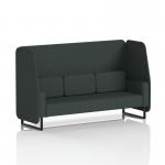 The image shows a sleek and modern 3-seater open booth with black legs and charcoal panels. The booth is upholstered in rivet fabric and is made to order by Dynamic Booths in Brixworth. It offers a stylish and functional seating solution for any space.
