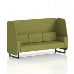 This photo features a dynamic booth, customizable to order. The booth has black legs and olive panels, with a sofa in rivet fabric. Three seats are visible, inviting and comfortable.