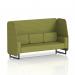 This photo features a dynamic booth, customizable to order. The booth has black legs and olive panels, with a sofa in rivet fabric. Three seats are visible, inviting and comfortable.