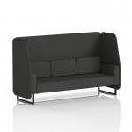 This picture features a dynamic booth that is made to order, with a 3 seater open design and black legs. The booth is upholstered in synergy fabric and features a mix of panels, along with a matching sofa.