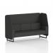 This picture features a dynamic booth that is made to order, with a 3 seater open design and black legs. The booth is upholstered in synergy fabric and features a mix of panels, along with a matching sofa.