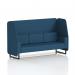 The picture shows a modern, customizable booth with a sleek design. The black legs provide a bold contrast to the Sumi fabric and Uto panels. The 3 seater open design allows for easy conversation and the sofa adds a touch of comfort and style. Perfect for any space in need of a dynamic seating option.