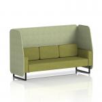 This photo features a dynamic booth made to order in a Brixworth design. It has a 3-seater open booth with black legs and ribbed fabric. The booth also has burnished panels and an olive green sofa.