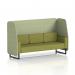 This photo features a dynamic booth made to order in a Brixworth design. It has a 3-seater open booth with black legs and ribbed fabric. The booth also has burnished panels and an olive green sofa.