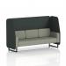 This photograph captures a contemporary and sleek open booth design with black legs and charcoal panels, perfect for any modern space. The rivet fabric adds texture and depth, making it a stylish addition to any room. The vitreous sofa offers comfortable seating for up to three people. Custom-made in Brixworth, this 3 seater booth exudes a dynamic and personalized touch to any environment.