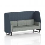 This picture showcases a dynamic booth with sleek black legs in rivet fabric. The Brixworth 3 seater open booth features striking crucible panels and a comfortable Prime Sofa. Made to order for a unique and modern design.
